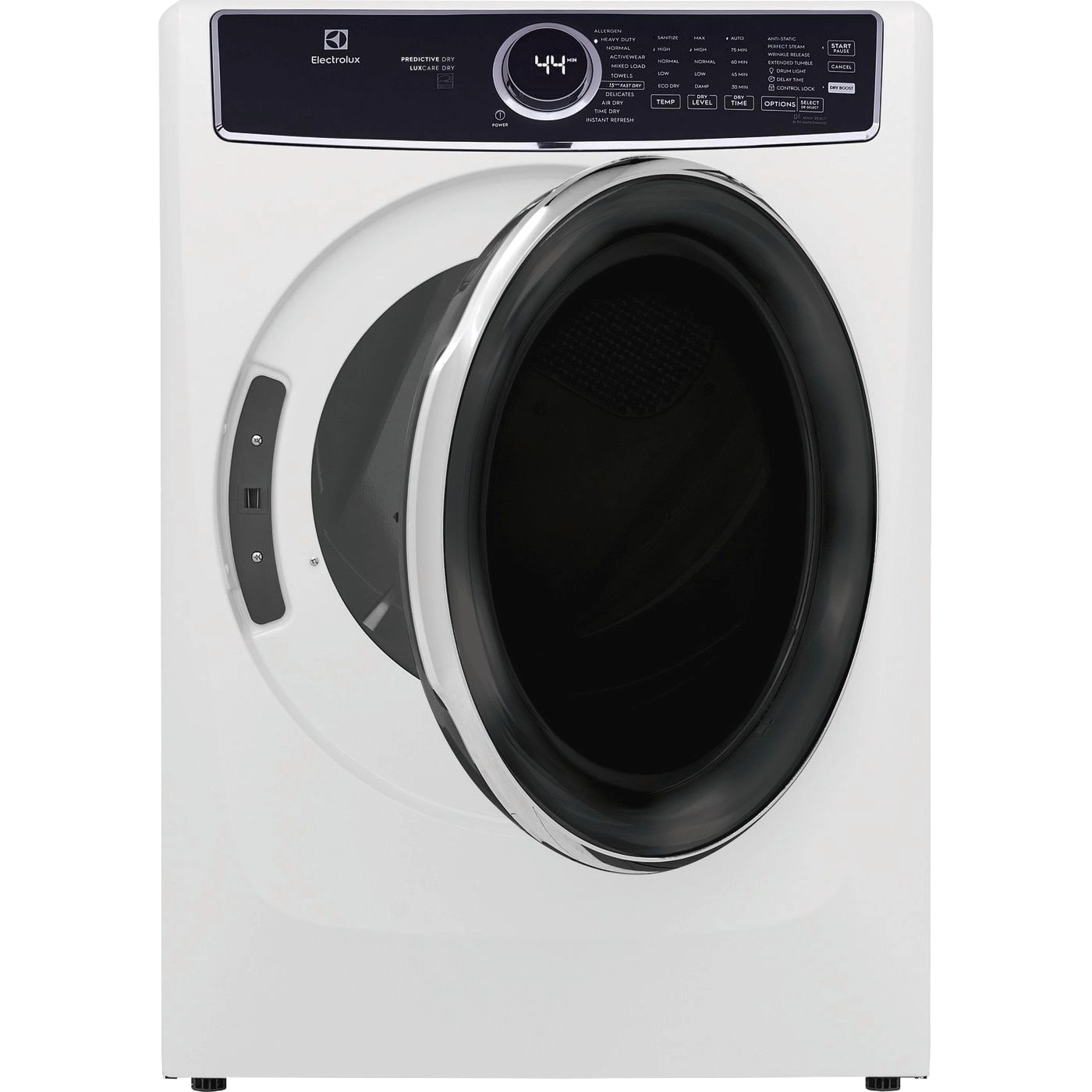White front-load gas dryer with digital control panel and large black door for Dryers and Appliances collections
