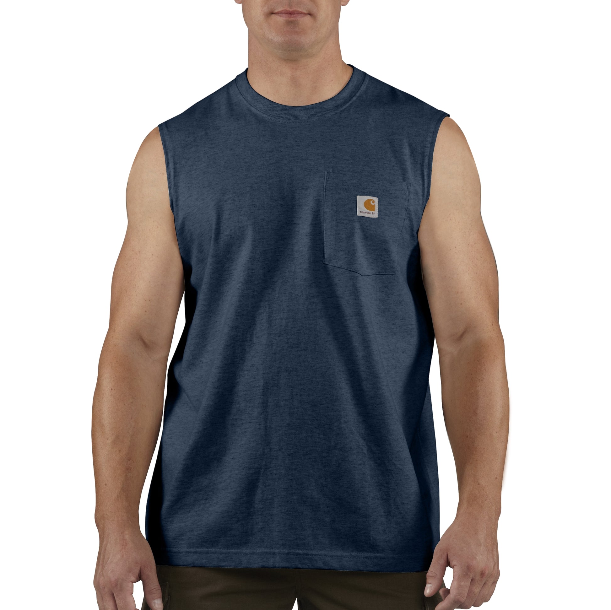 Men's navy sleeveless tank with chest pocket in heavyweight cotton for durable casual and workwear clothing collections