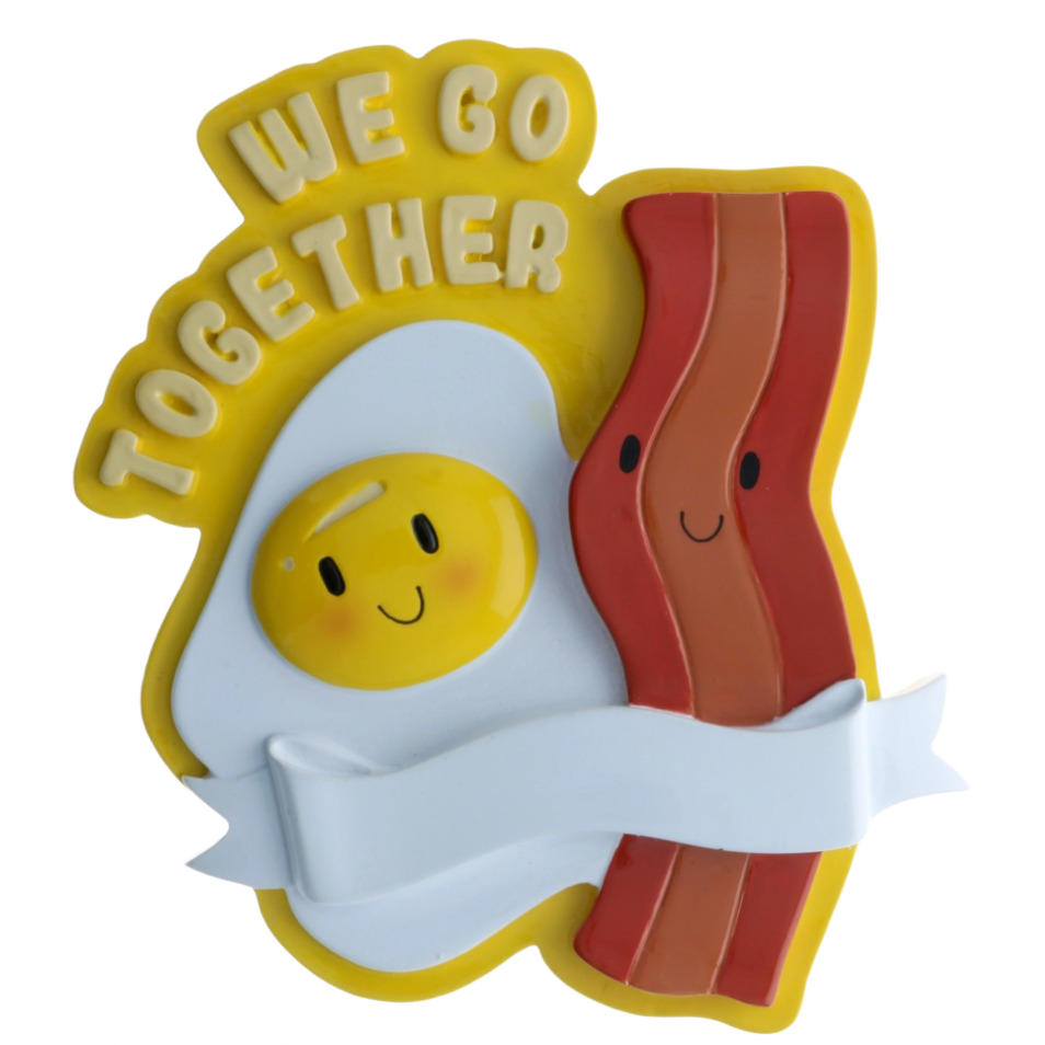 Playful egg and bacon ornament with smiling faces and "We Go Together" text from Christmas Ornaments & Tree Decorations collection under $50