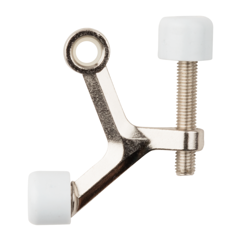 Satin nickel adjustable hinge pin door stop with white rubber bumpers for wall protection in door accessories collections