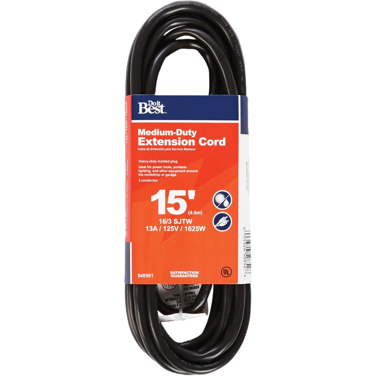 Black 15 ft. medium-duty extension cord with abrasion resistance for electrical and home improvement projects under $50