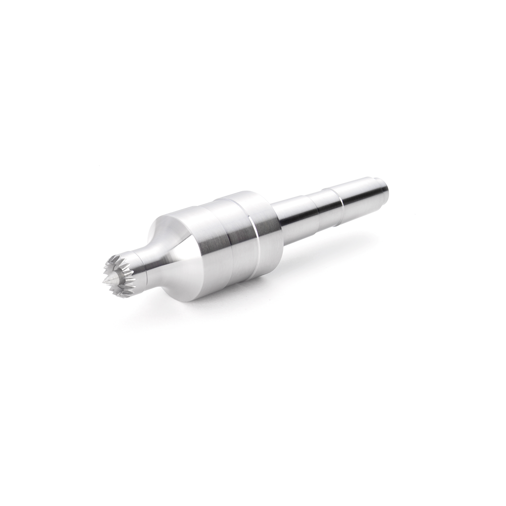 Polished metal multi-tooth live center with sprung point and tapered shank for tools and home improvement use