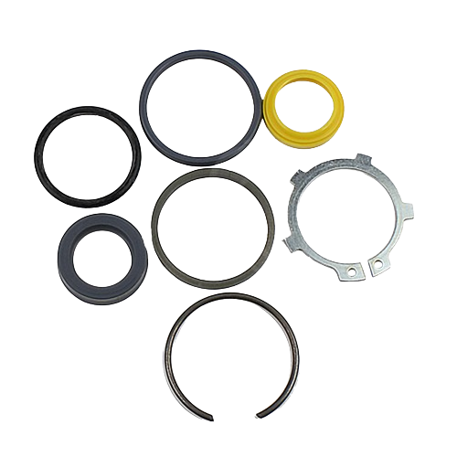 Set of various black and yellow hydraulic cylinder seals and metal retaining ring for automotive and mechanic tools
