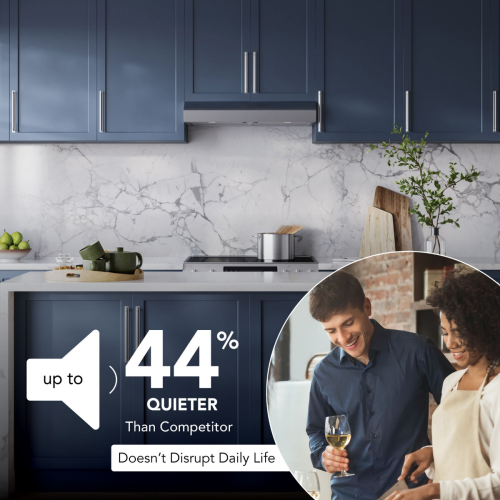 modern kitchen with blue cabinets and a sleek under cabinet range hood for quiet ventilation in home improvement