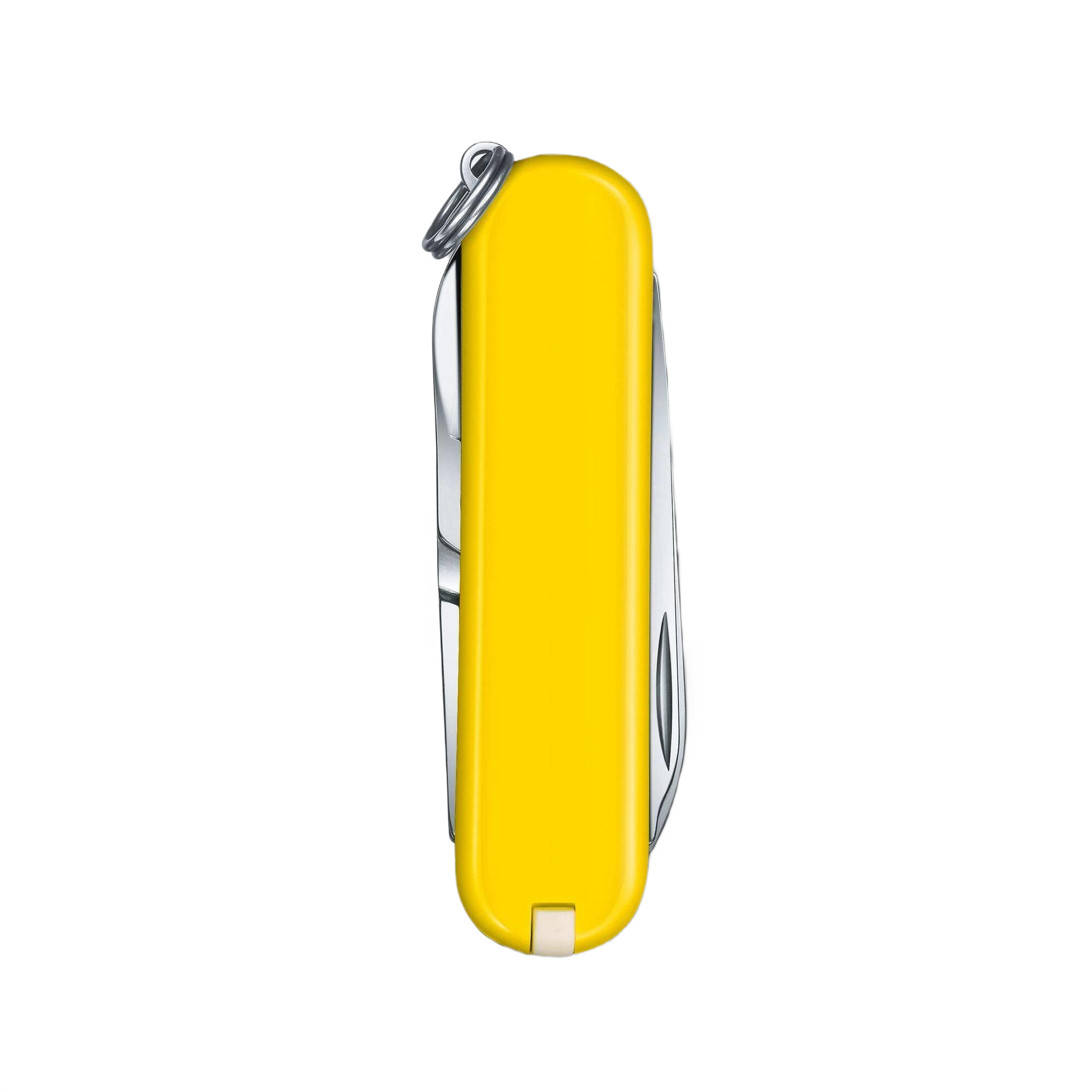 Compact yellow Swiss Army pocket knife with keyring and multiple tools for cutting and woodworking hand tool collections