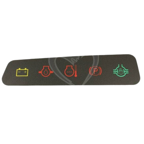Indicator light label with colored symbols for battery, oil, temperature, parking, and security for John Deere equipment parts