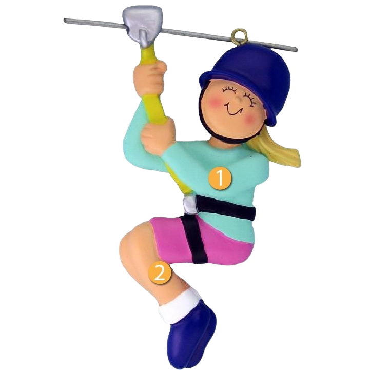 Blonde female figurine wearing blue helmet and pink shorts zip lining for Christmas Ornaments & Tree Decorations under $50