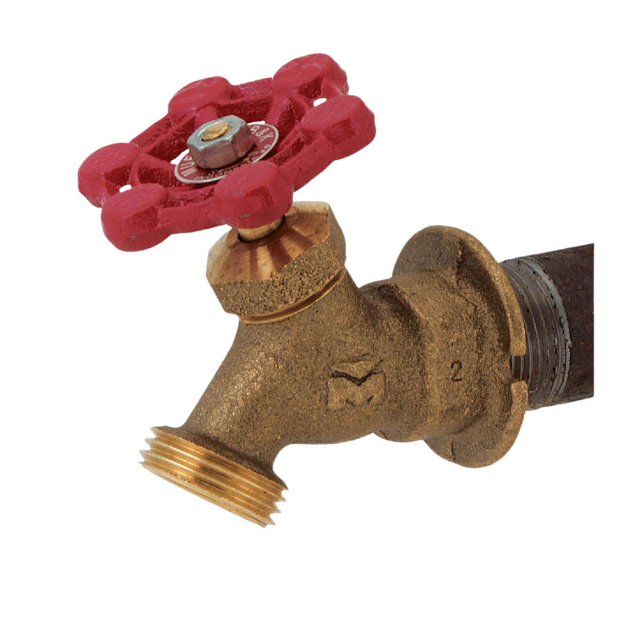 Brass and cast iron outdoor sillcock with red wheel handle for water control in home improvement projects