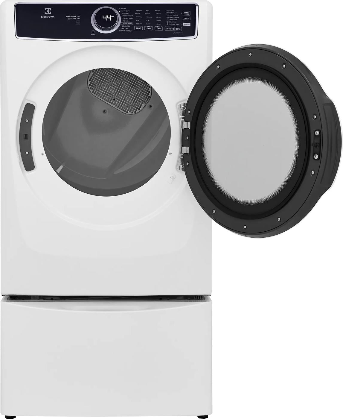 White front load gas dryer with open circular door and digital control panel in Dryers, Appliances, and Washers & Dryers collections