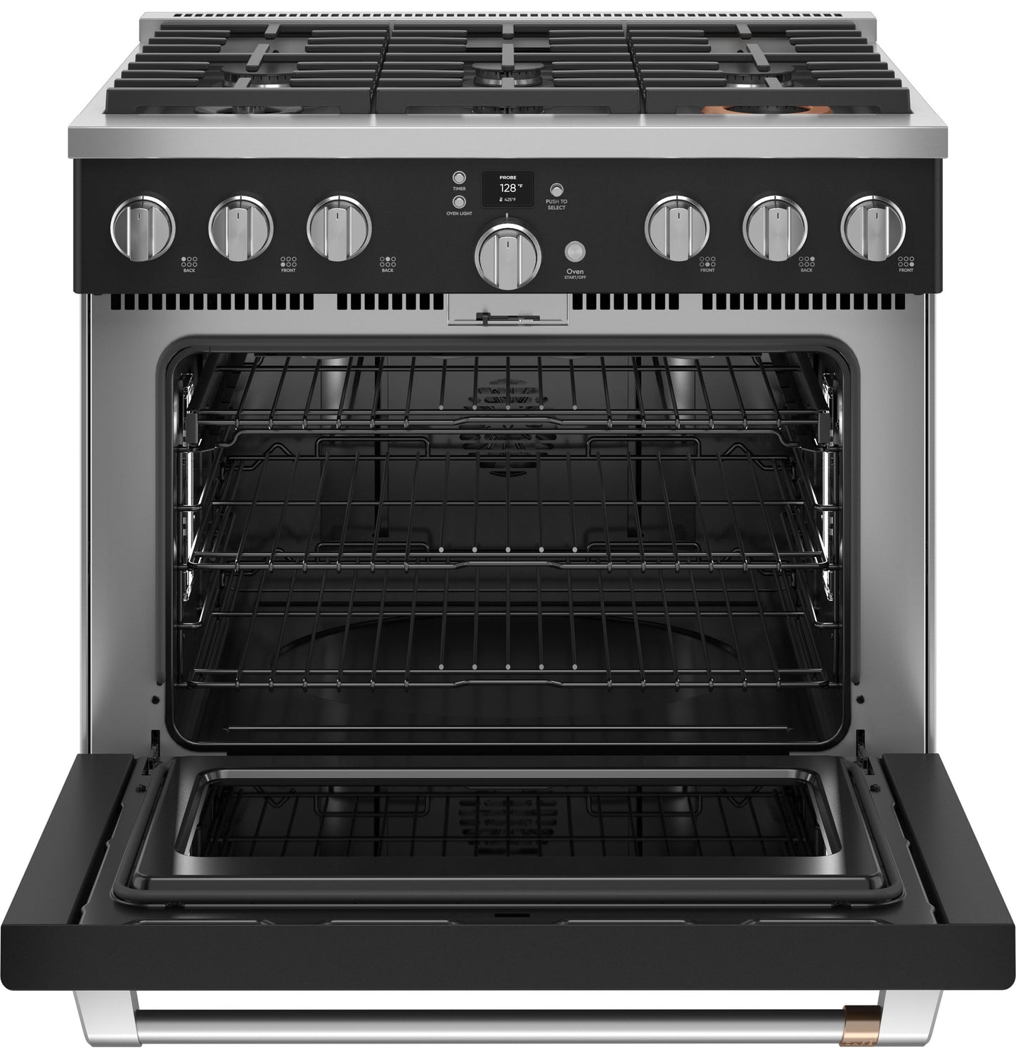 Stainless steel dual-fuel range with six burners, open oven door, control knobs, and digital display from kitchen appliances collection
