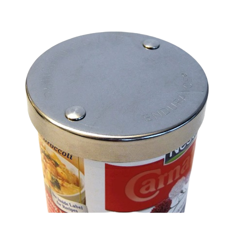 Thick stainless steel punch and cover tool sealing a canned food for easy storage in kitchen gadgets under $50 category