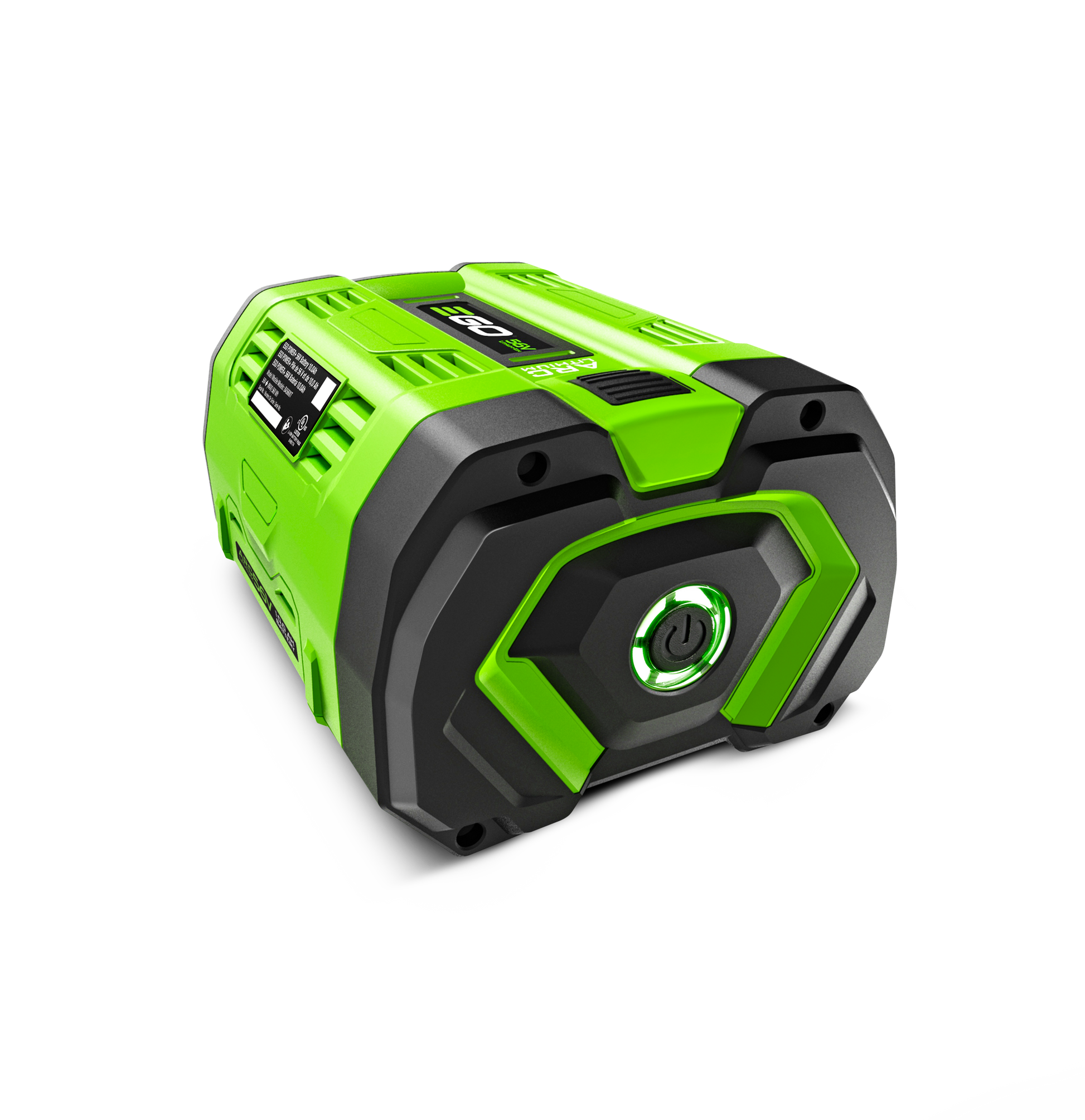 Green and black high-capacity rechargeable 10.0Ah battery pack with power button and fuel gauge for tools and home improvement tasks