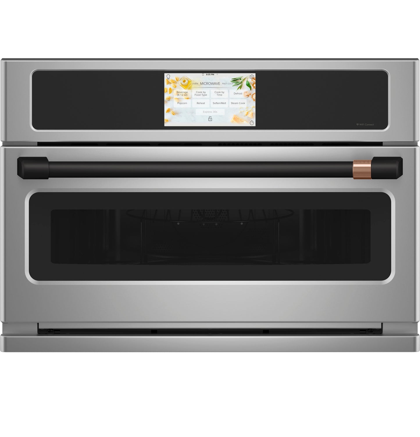 Stainless steel built-in microwave convection oven with touchscreen control and brass-accented handle in kitchen appliances collection
