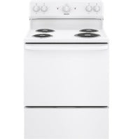 White free-standing electric range with four coil burners and control knobs on the back panel from Ranges collection