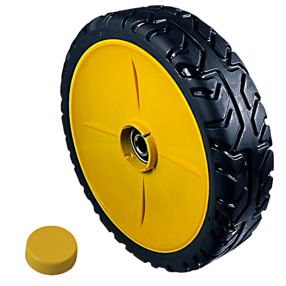Front wheel and tire assembly with yellow hub, black treaded rubber tire, and matching yellow cap for outdoor equipment