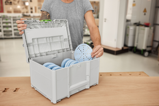 Light gray Festool abrasives Systainer³ case neatly storing multiple round sanding discs for tool accessories collection