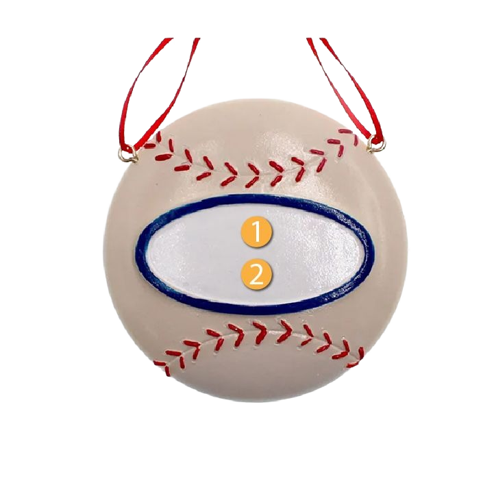 Round baseball ornament with red stitching and blue-bordered oval nameplate for personalized home decor