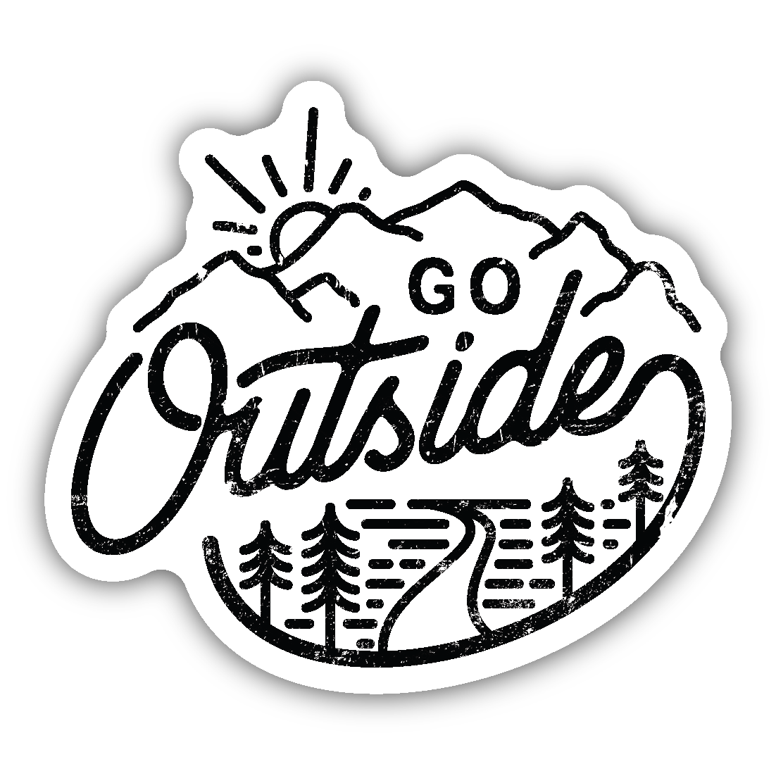 Black and white outdoor adventure sticker with mountain, sun, trees, and winding trail design encouraging exploration