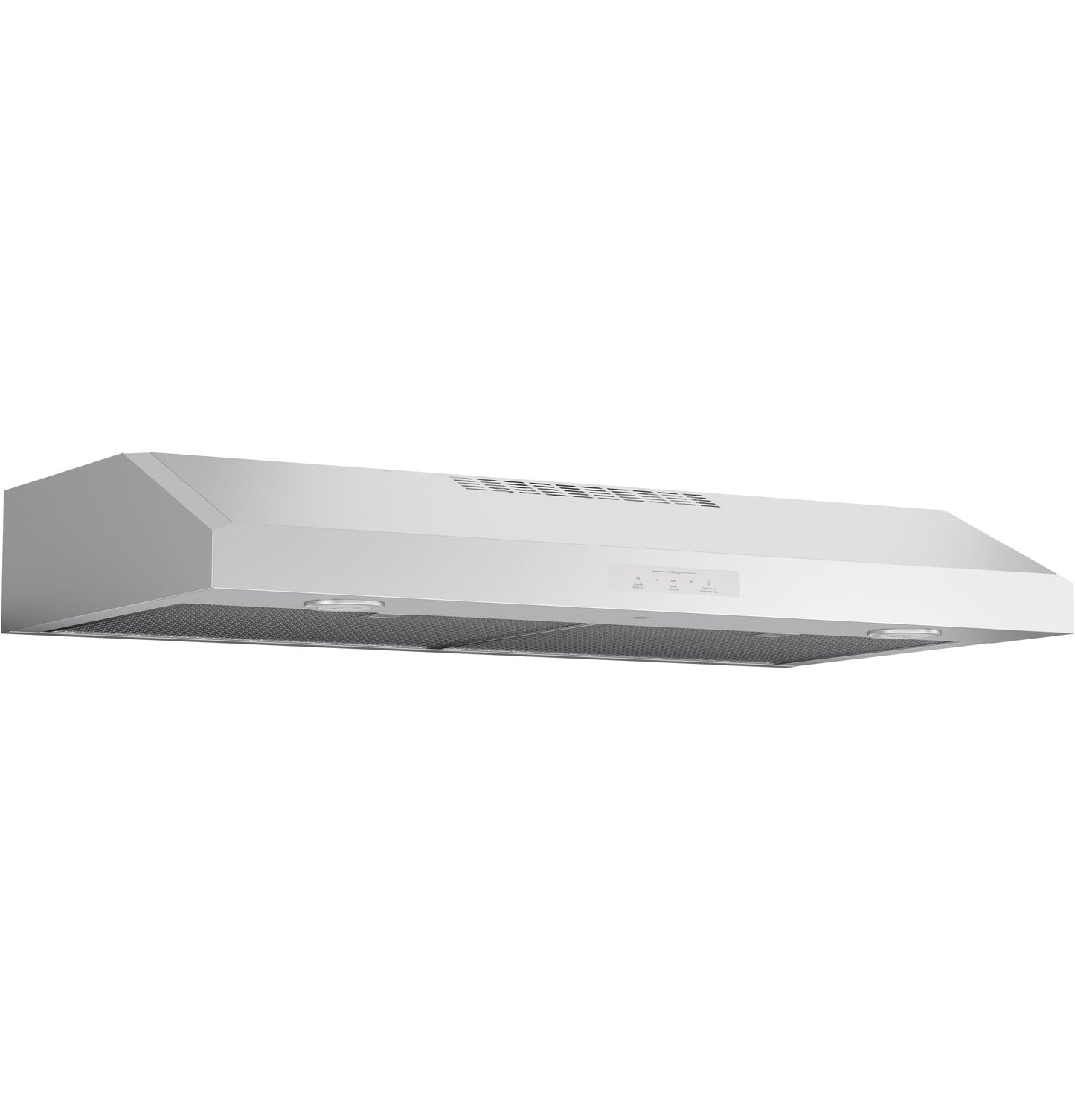 Stainless steel under cabinet hood with mesh filters, built-in lights, and ventilation vents in kitchen appliances collection