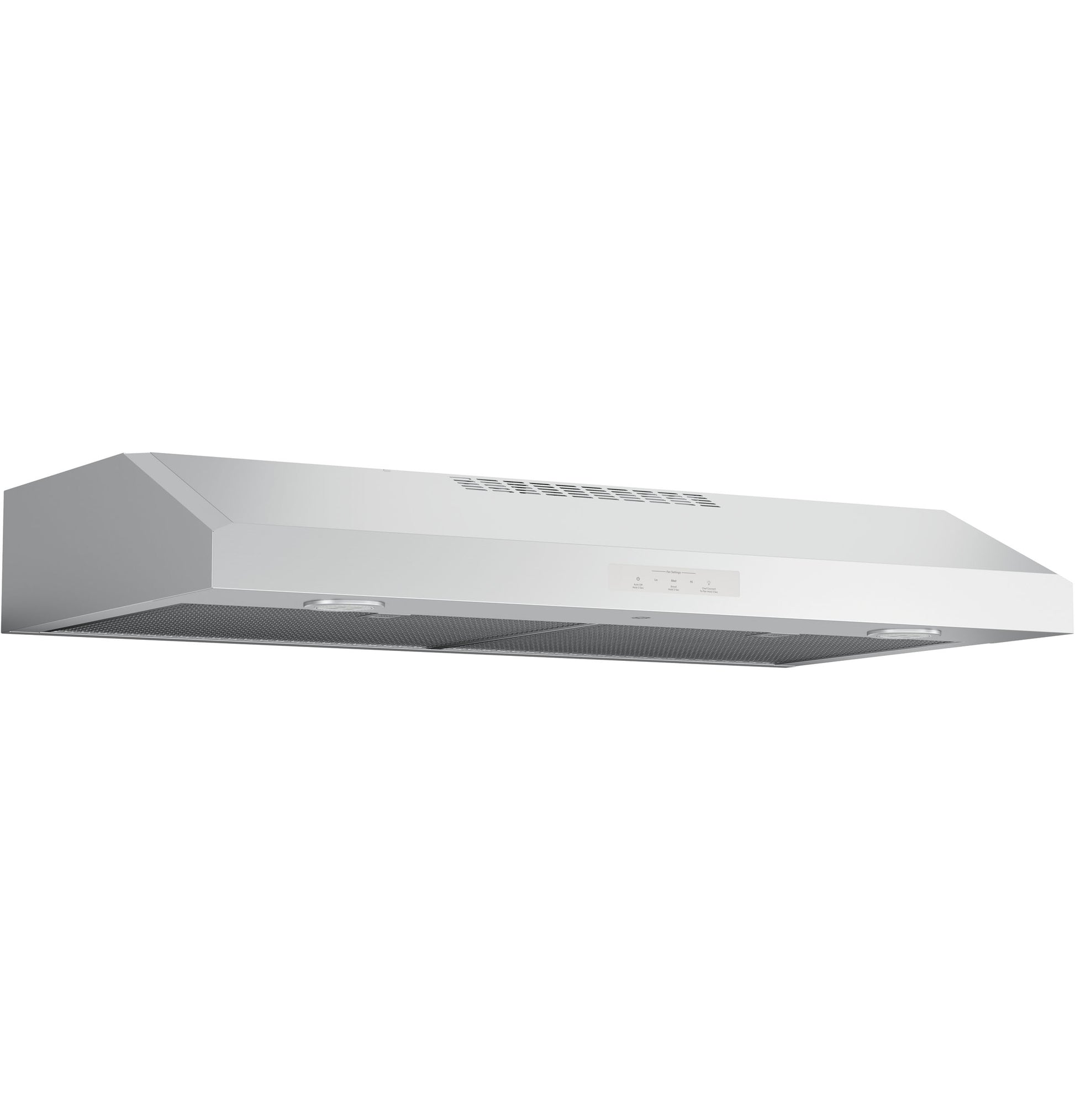 Stainless steel under cabinet hood with mesh filters, built-in lights, and ventilation vents in kitchen appliances collection