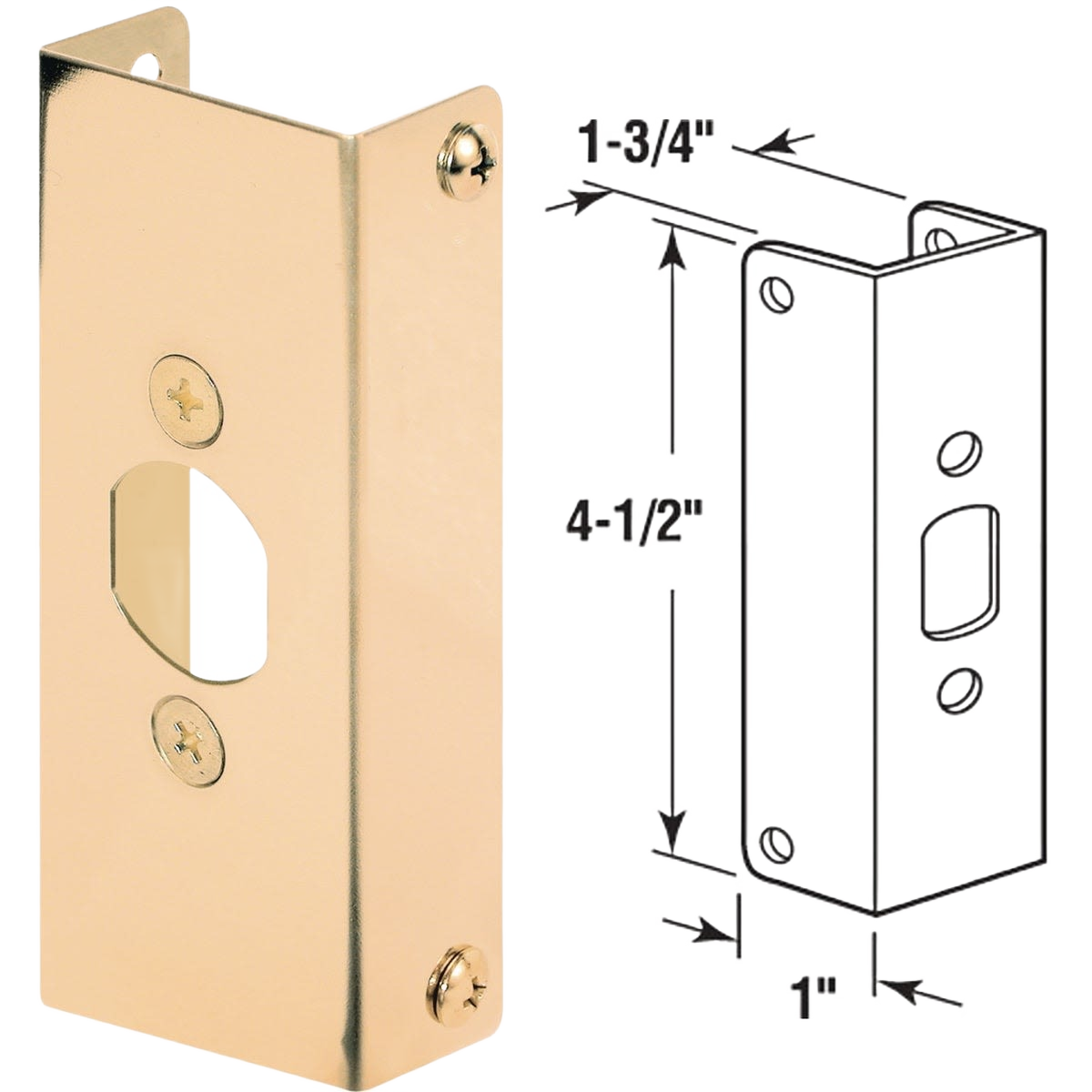 Brass-colored metal door reinforcement plate with mounting screws and technical dimensions for hardware and home improvement.