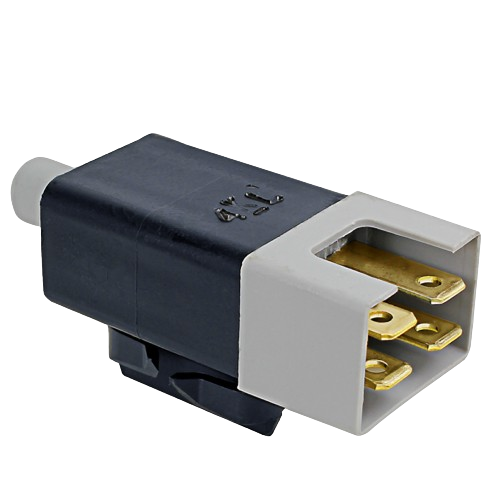 Industrial brake safety switch with brass connectors in black and gray plastic housing for tools and home improvement use