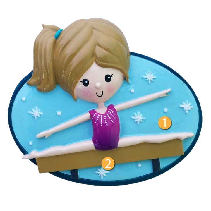 Female gymnast performing beam routine on snowflake-decorated blue background Christmas ornament under $50 collection