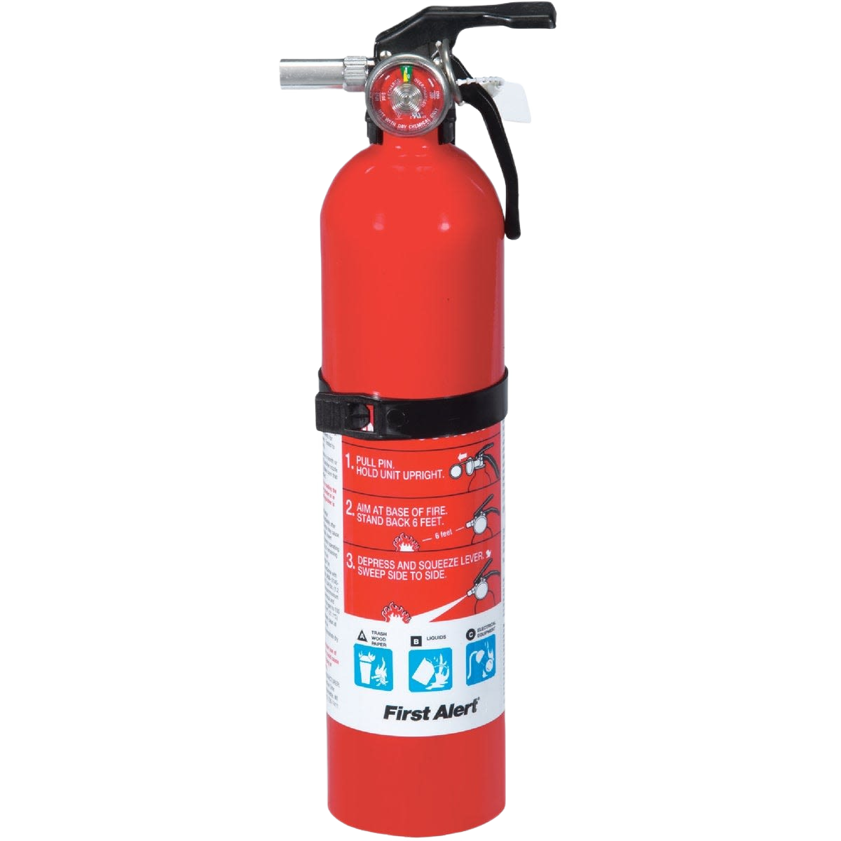 Red rechargeable home fire extinguisher with pressure gauge and instructional label for tools and home safety use