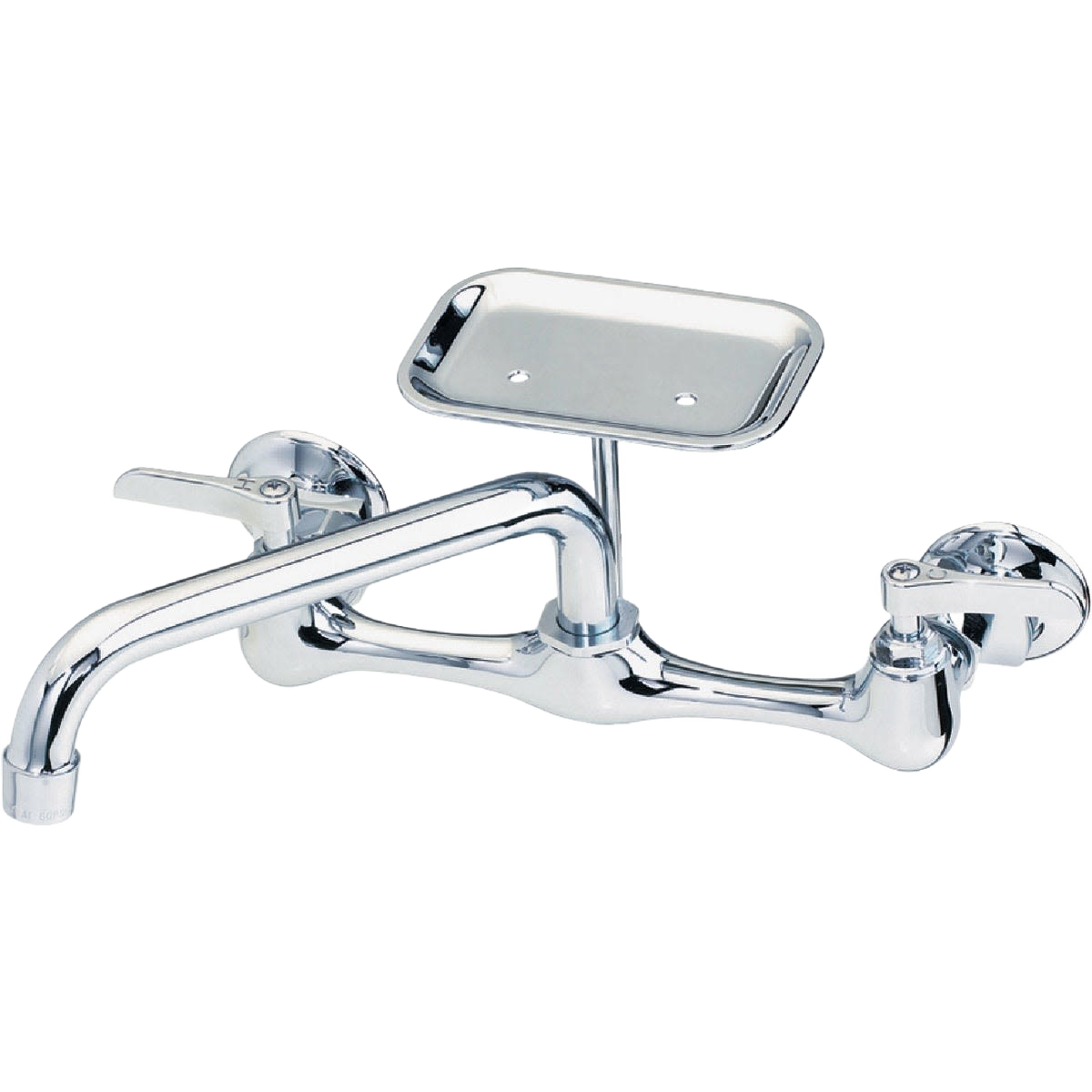 Chrome double lever wall-mounted utility faucet with soap dish for home improvement and tools use