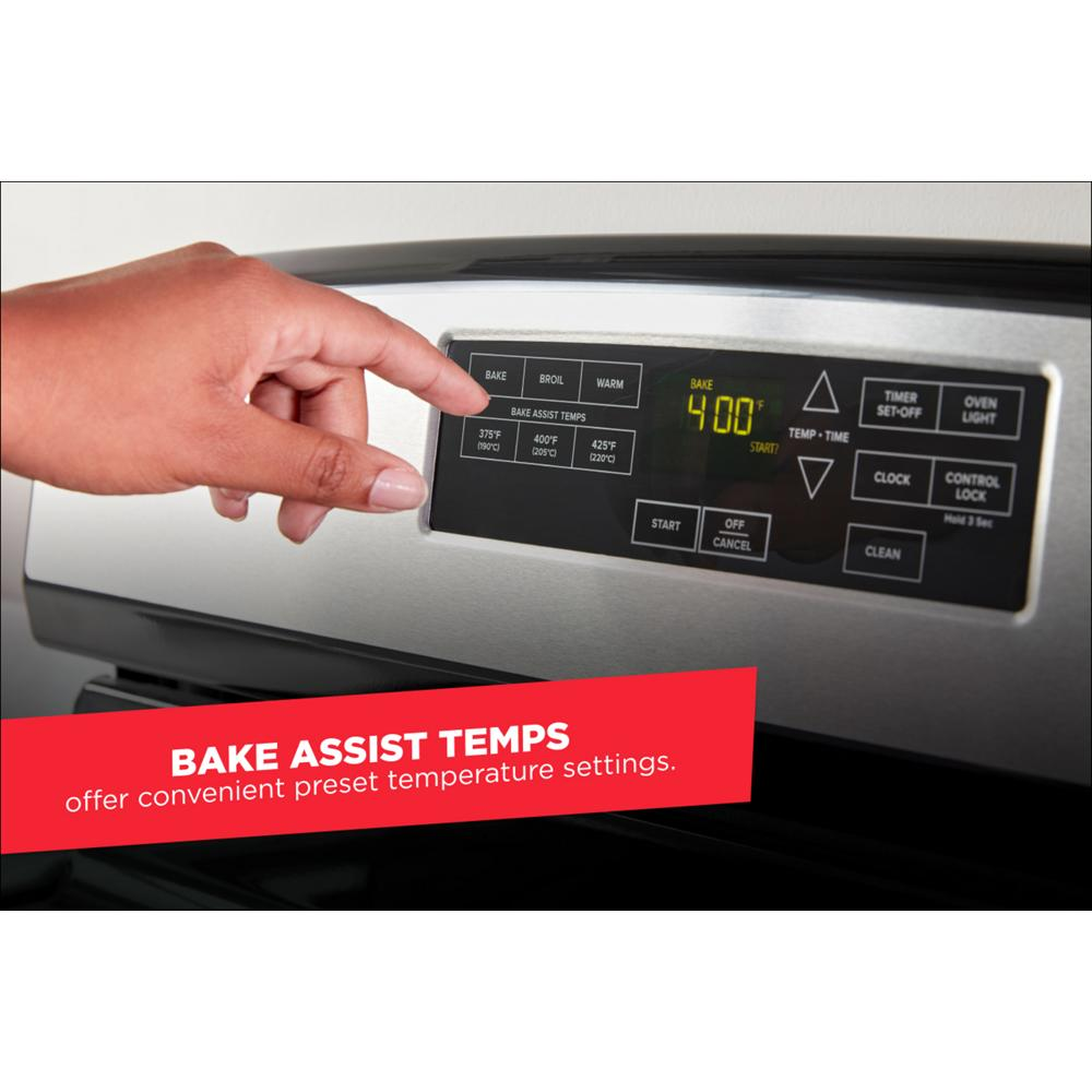 Close-up of digital control panel on stainless steel gas range featuring bake assist preset temperature settings