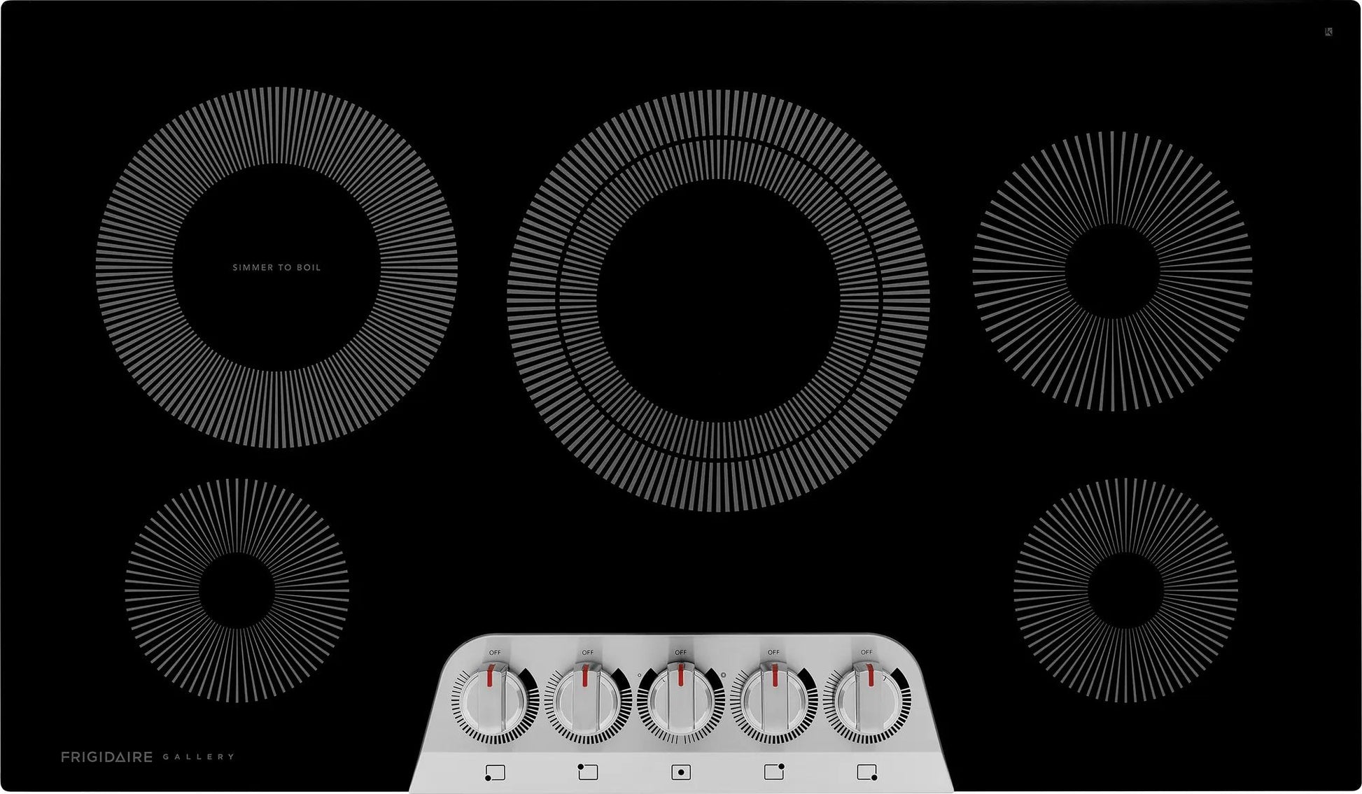 Black glass 36-inch electric cooktop with five radiant elements and front control knobs from electric cooktops collection