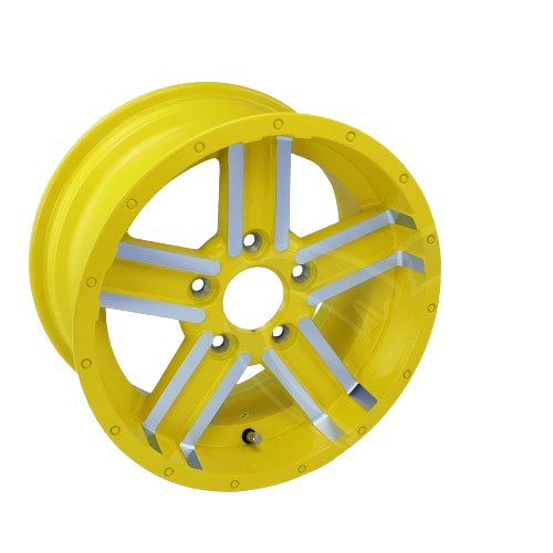 Yellow metal wheel rim with silver accents designed for John Deere equipment in tools and home improvement contexts