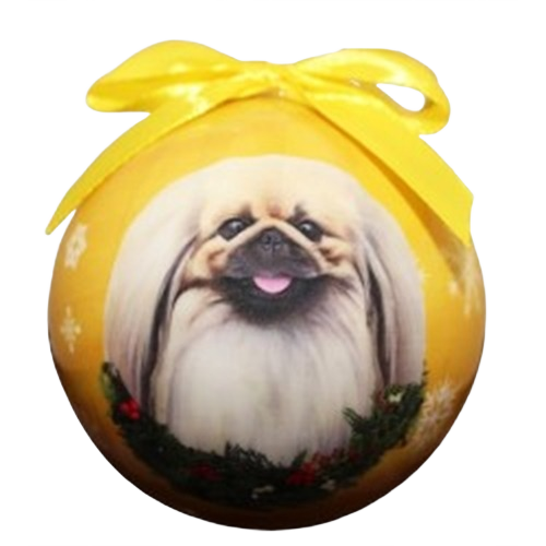 Yellow Christmas ball ornament featuring a smiling Pekingese dog illustration with holiday wreath and ribbon bow