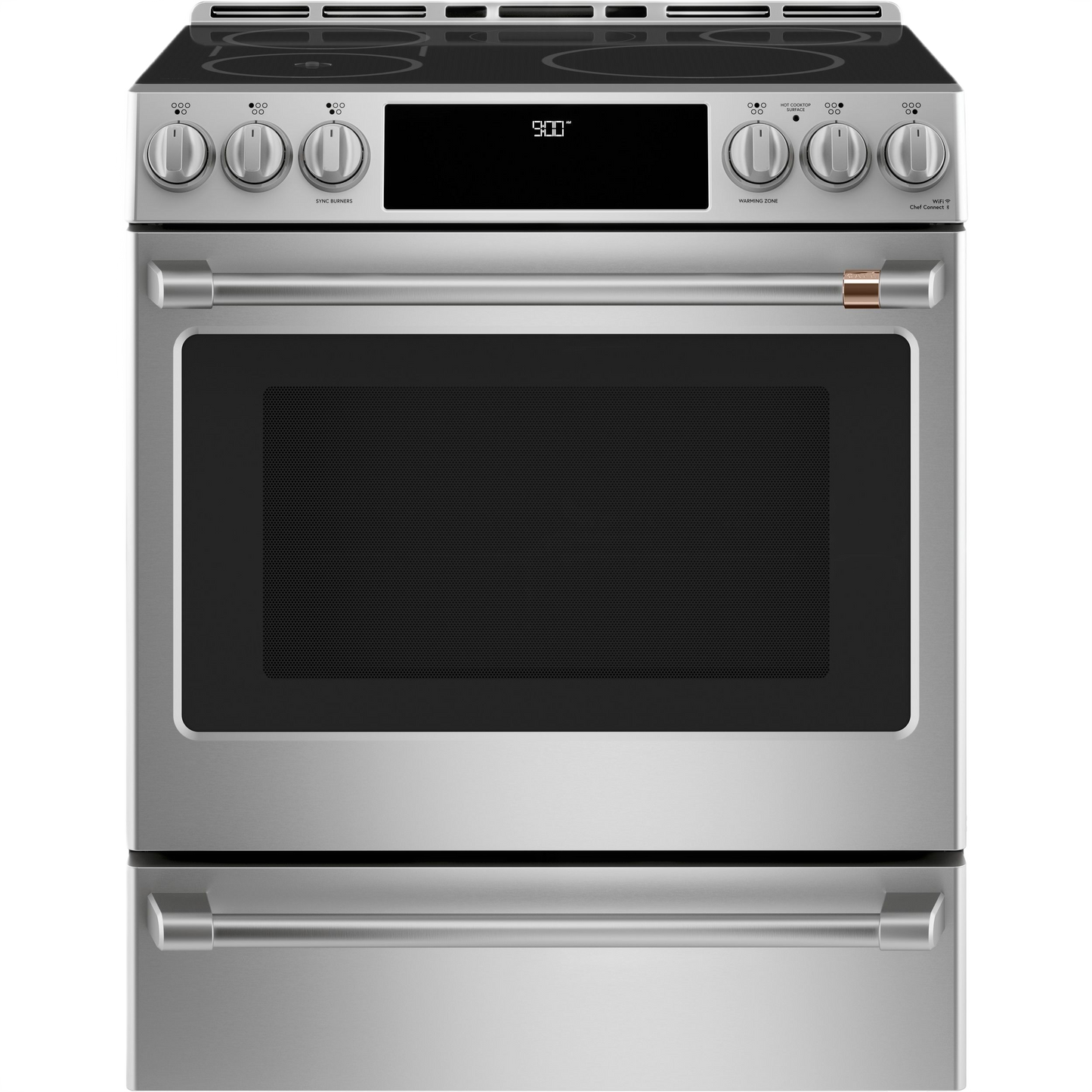 Stainless steel slide-in range with induction cooktop, front control knobs, and convection oven from kitchen appliances collection
