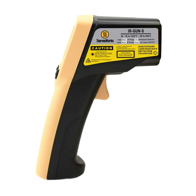 Handheld yellow and black infrared thermometer designed for identifying temperature differences in grilling and outdoor settings