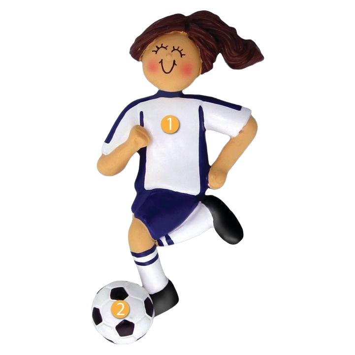 Brunette female figurine in blue and white soccer uniform kicking ball for Christmas tree decorations under $50