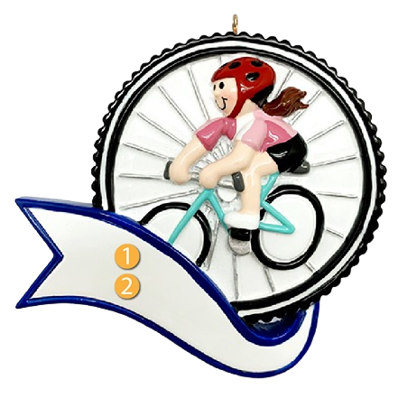 Girl figurine in red helmet riding teal bike in front of large wheel with customizable name banner for Christmas decor
