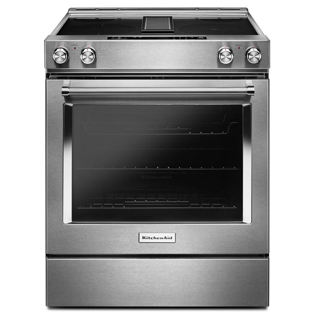 30-inch stainless steel electric slide-in range with four burners and large oven window from KitchenAid Ranges collection
