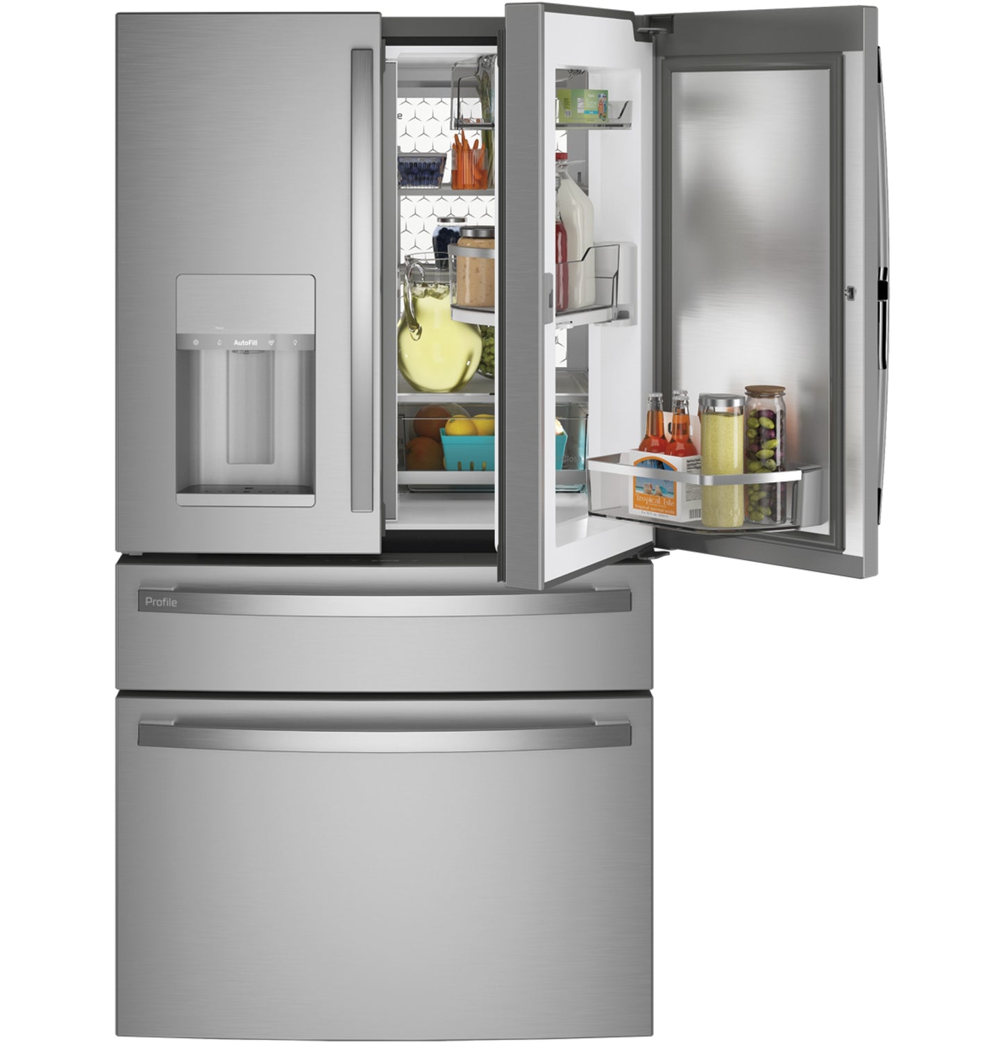 Stainless steel French-door refrigerator with door-in-door feature and bottom freezer in modern kitchen appliances collection