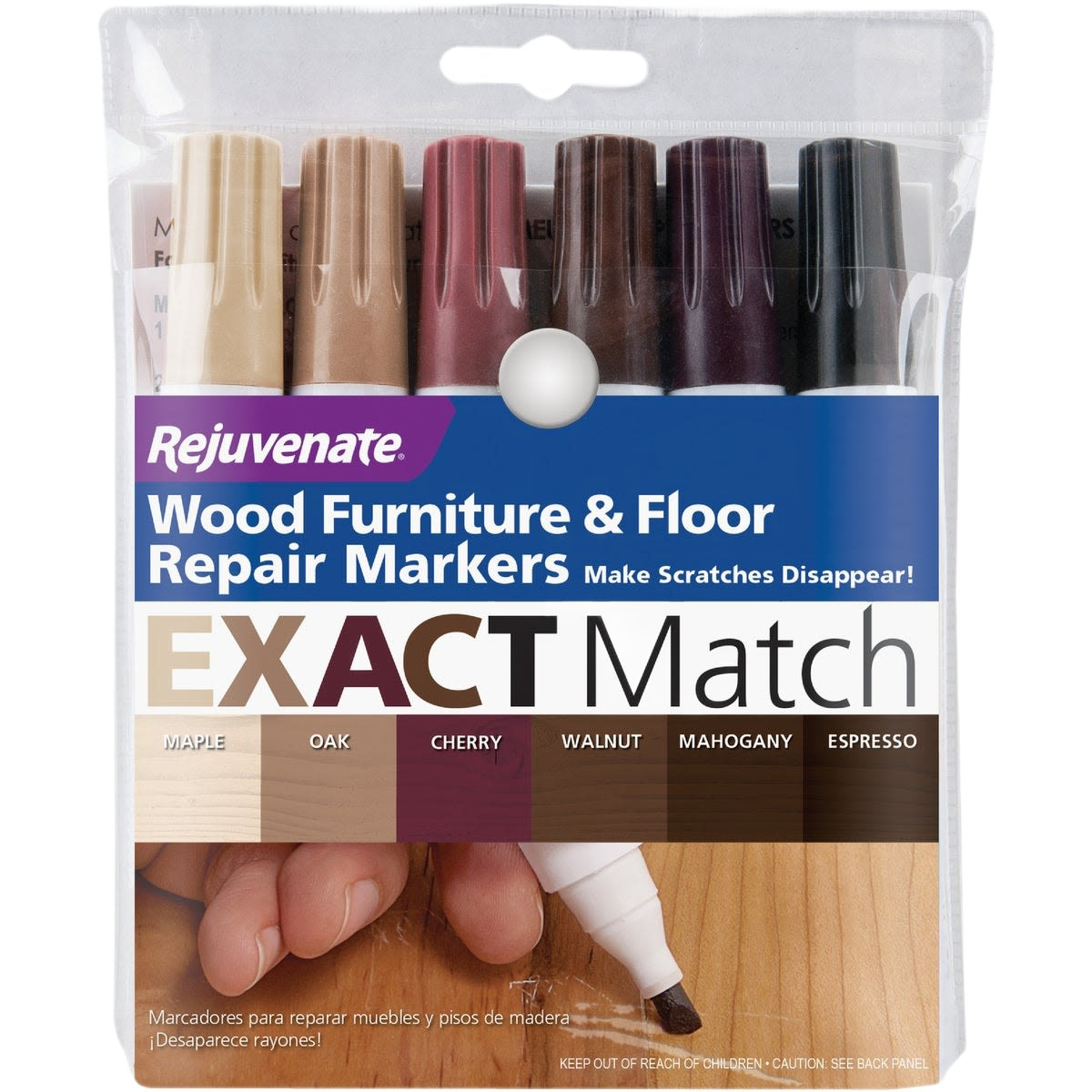 Set of six wood touch-up markers in various tones for floor and furniture repair in cleaning supplies collection