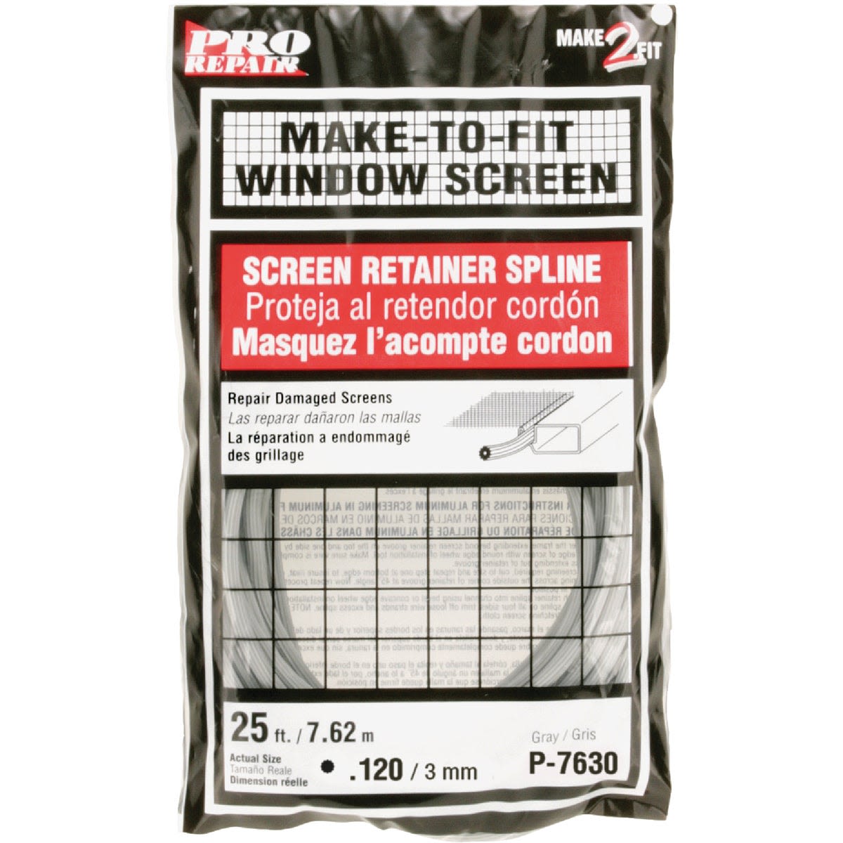 Gray vinyl screen retainer spline rolled inside packaging for window screen repair in home improvement tasks