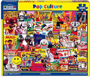 Colorful 1000-piece pop culture collage puzzle featuring iconic logos and characters in the Toys & Games collection under $50.