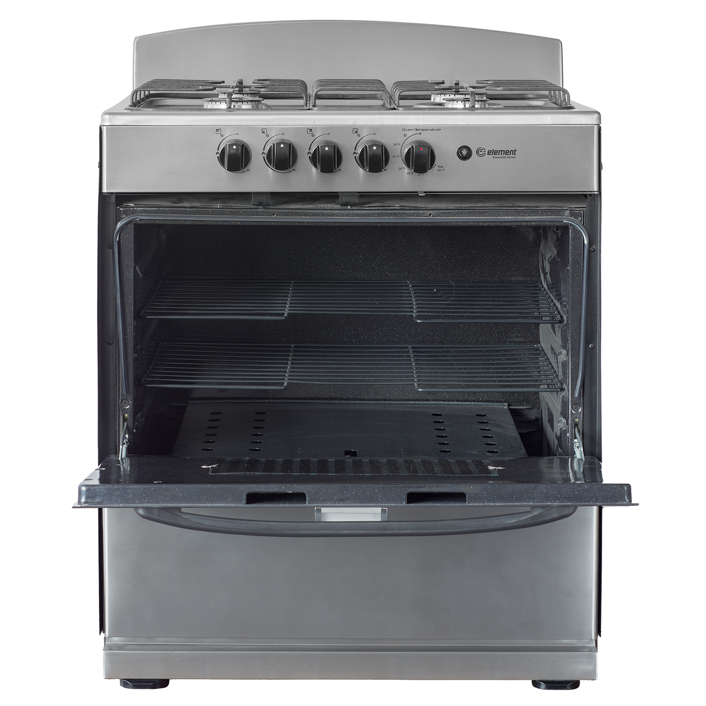 Stainless steel 30-inch gas range with four burners, control knobs on front panel, and oven door open revealing spacious interior racks, ideal for Ranges, Gas Ranges, Kitchen & Kitchenware, Appliances, and Ranges & Cooktops collections.