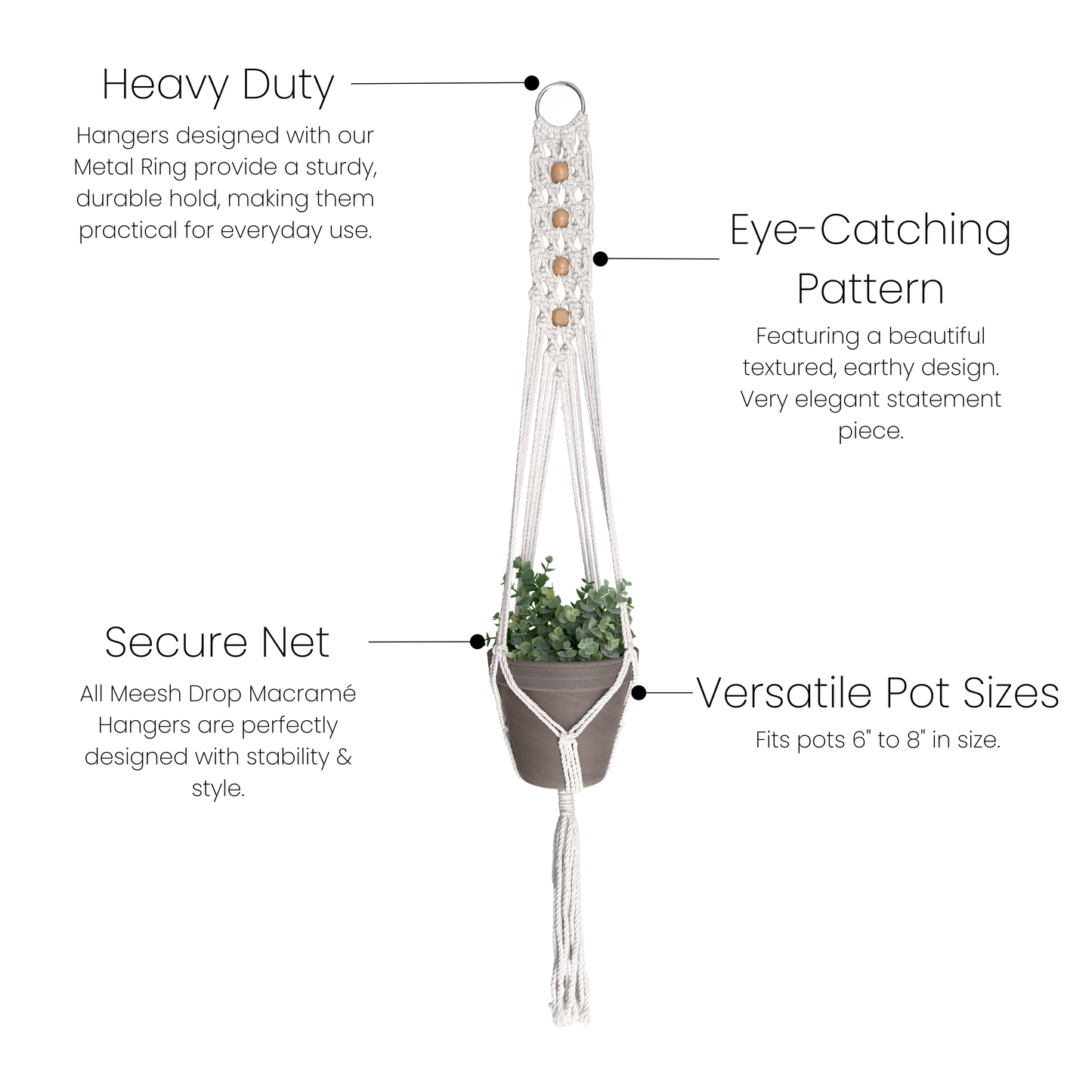 Natural cotton macrame plant hanger with wooden beads and secure net holding a small potted plant for home decor accents under $50