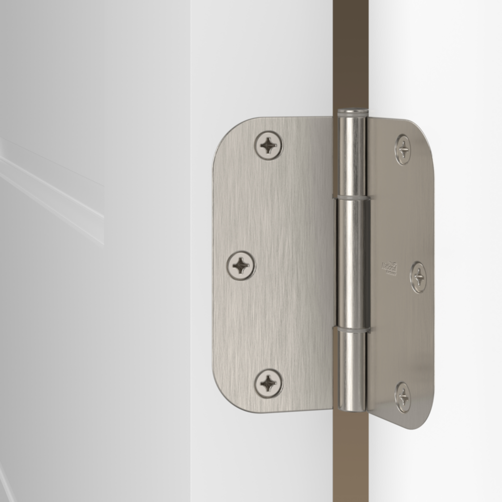 Satin nickel door hinge with 1/4-inch radius edges for smooth, silent door pivoting in home improvement projects under $50