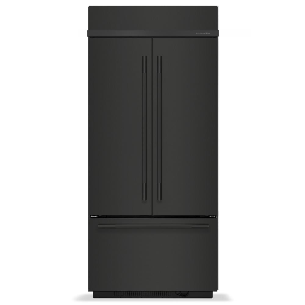 Built-in black French door bottom mount refrigerator with sleek handles in KitchenAid appliance collection