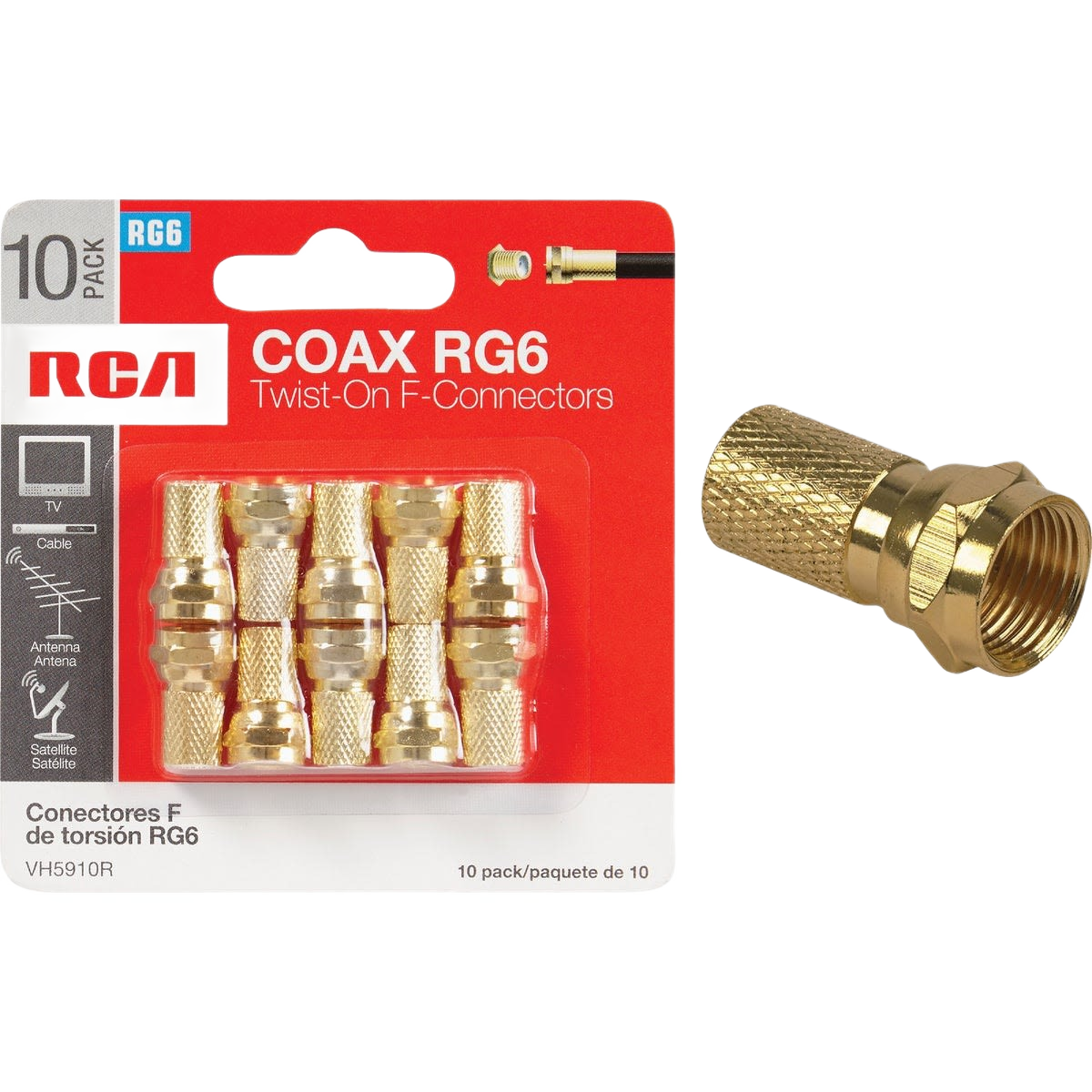 Ten-pack of gold-tone twist-on coaxial connectors for RG6 cables, suitable for tools and home improvement tasks