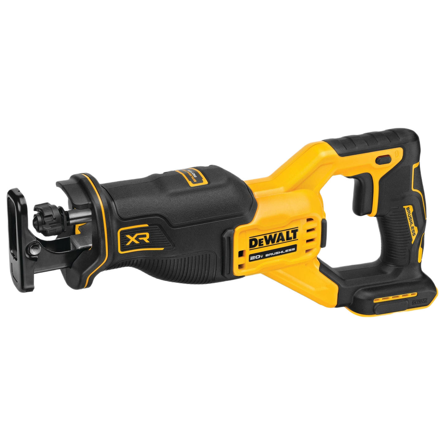 Cordless reciprocating saw in yellow and black for woodworking and home improvement power tool projects