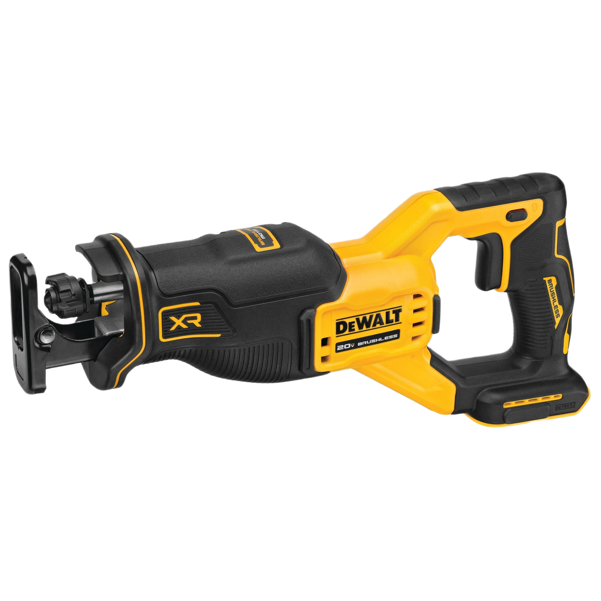 Cordless reciprocating saw in yellow and black for woodworking and home improvement power tool projects
