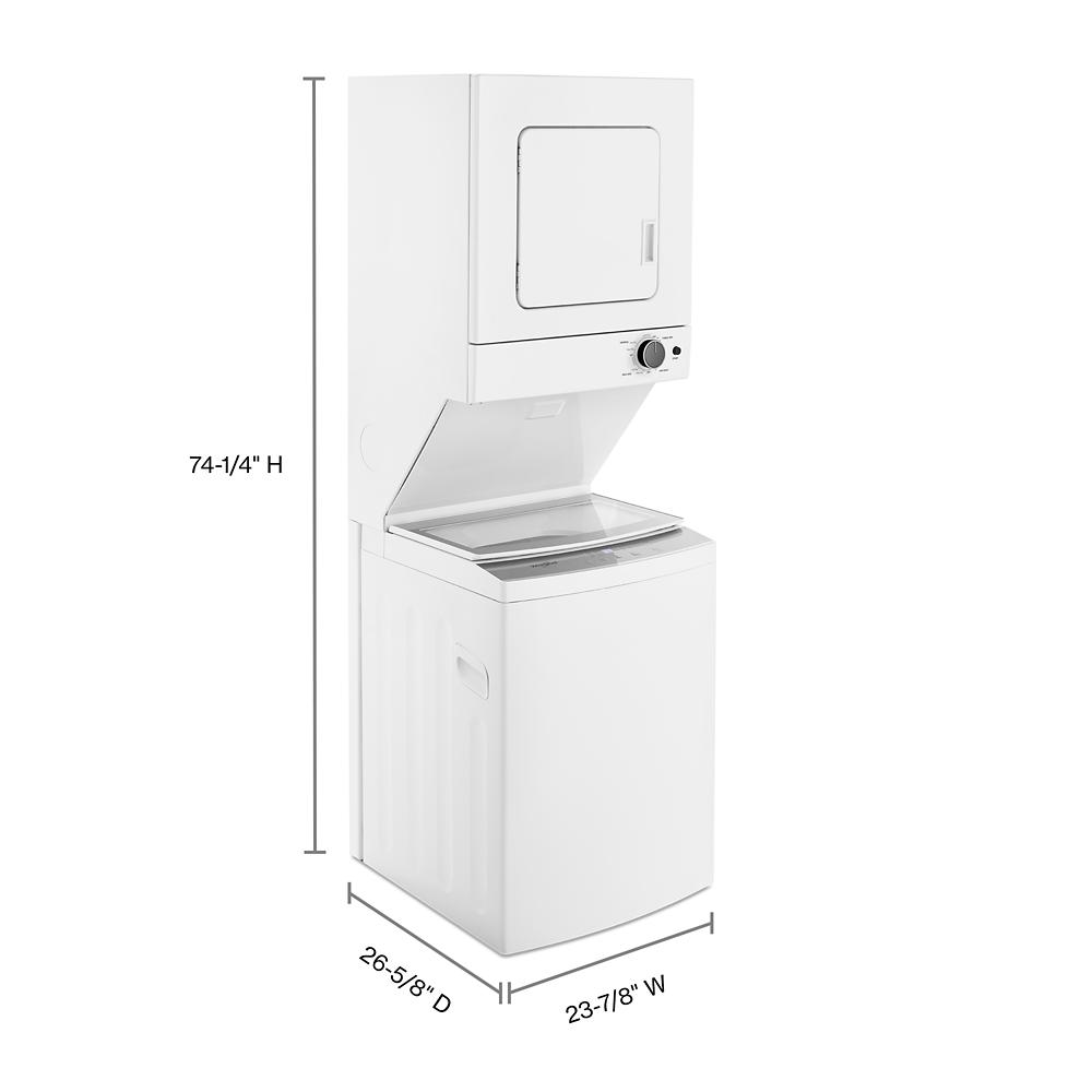 White stacked laundry center with top load washer featuring clear lid and front load electric dryer with dial controls, suited for compact spaces in appliance laundry centers.